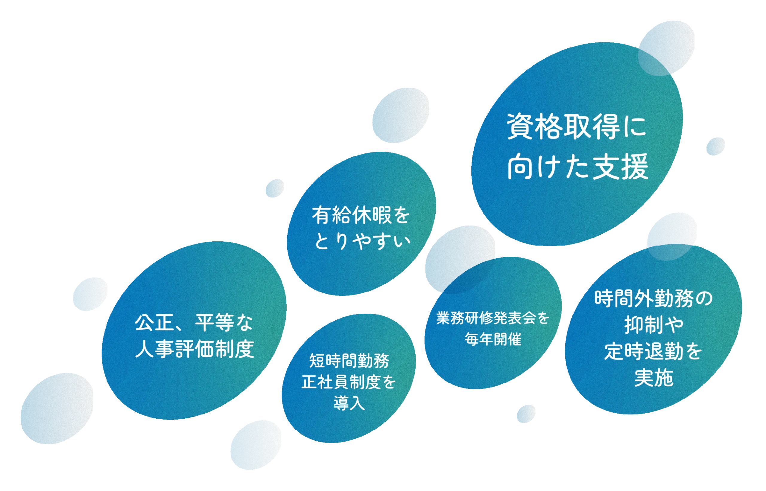 資格取得に向けた支援 / 有給休暇をとりやすい / 公正、平等な人事評価制度 / 時間外勤務の抑制や定時退勤を実施 / 短時間勤務 正社員制度を導入 / 業務研修発表会を毎年開催